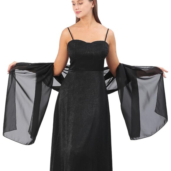 Women Black Elegant Soft Sheer Chiffon Stole Bride Wedding Shawls and Wraps - Picture 2 of 7